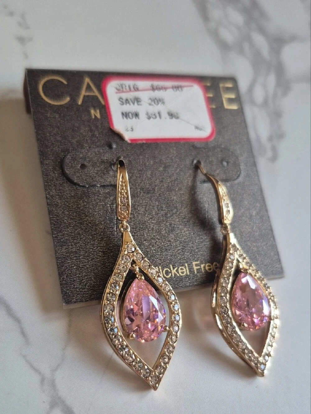 Beautiful Vintage Carolee Pink Crystal Teardrop  Dangle Earrings